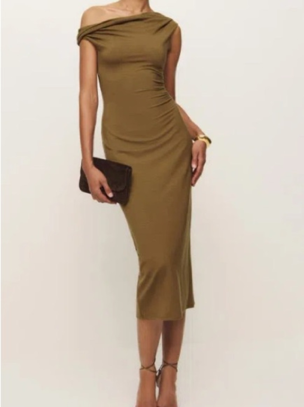Reformation Jamen knit midi dress Olive Bronze Off-Shoulder small like new